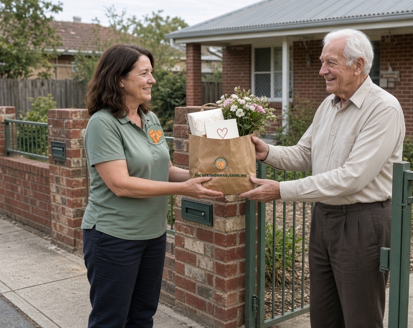 A Local Kindness team member handing a bag across a garden gate to a neighbour